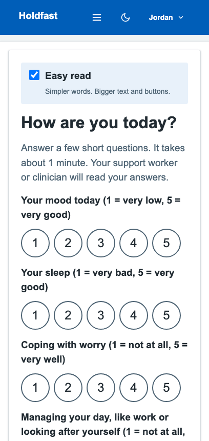 The Holdfast check-in in easy-read mode on a phone, with shorter sentences, larger touch targets and a clearly labelled rating scale