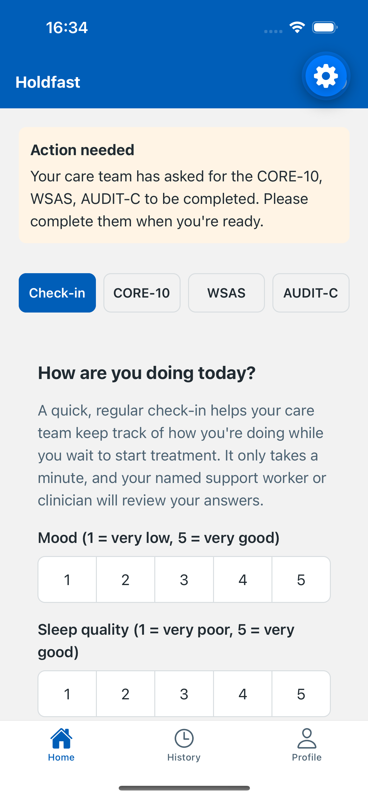 Holdfast patient check-in screen on a phone, showing a mood and sleep-quality rating prompt