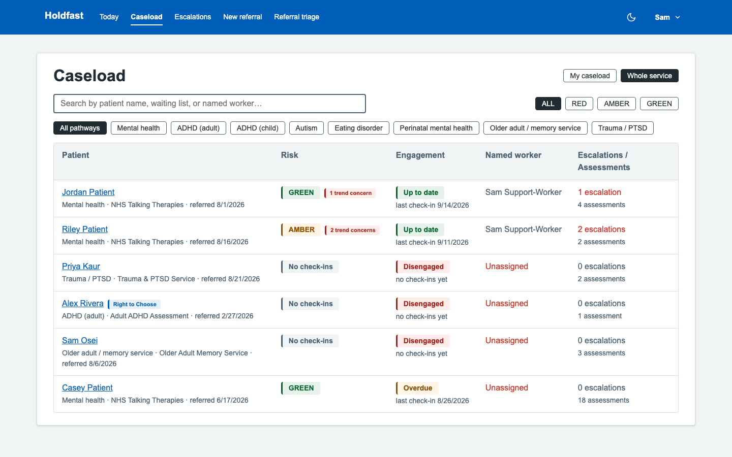 Holdfast clinician caseload dashboard: patients sorted by risk level (RED, AMBER, GREEN) with trend-concern flags, engagement status, named worker and open-escalation counts, filterable by clinical pathway