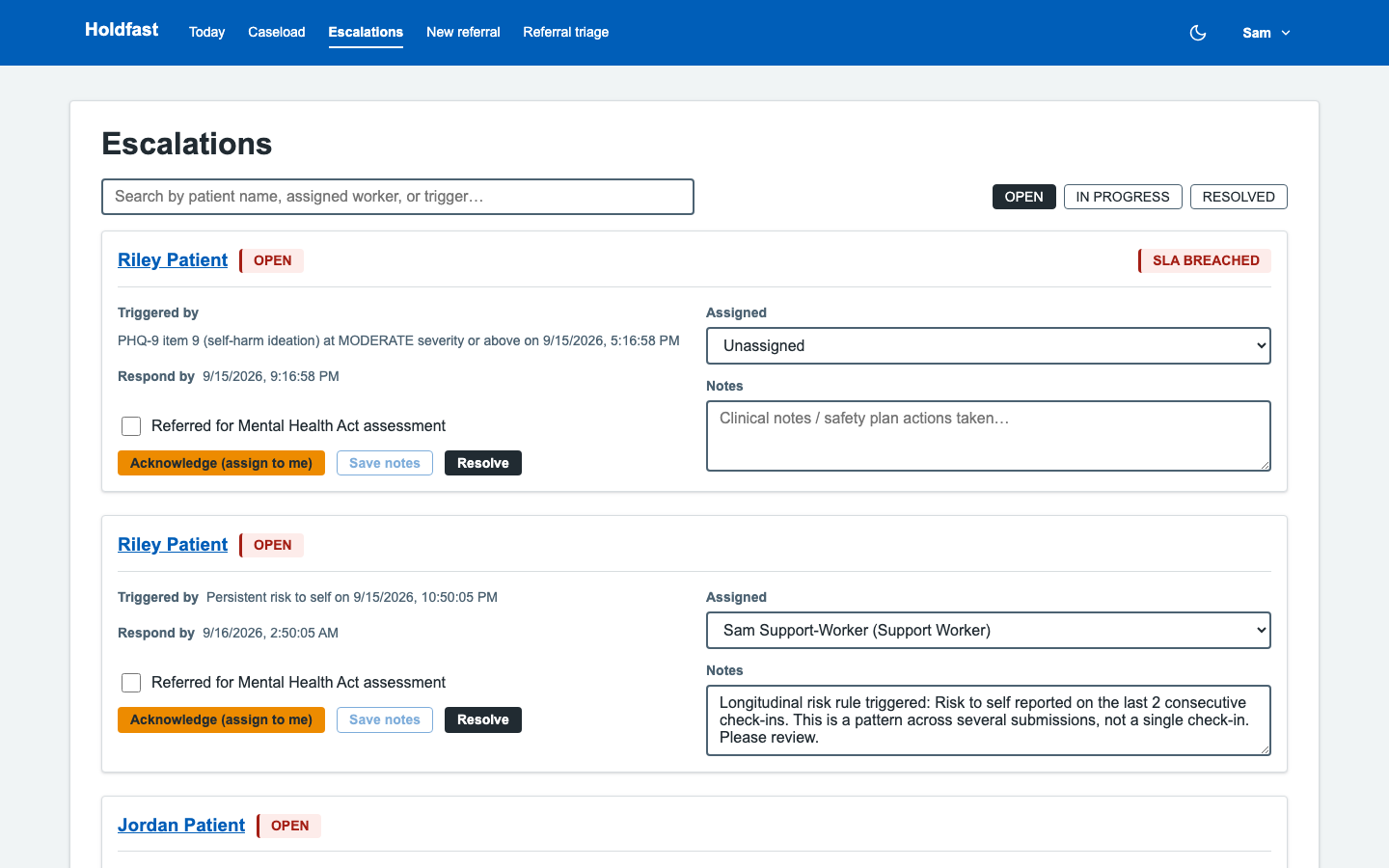 Holdfast escalations queue: each escalation shows what triggered it in plain language, a respond-by time and an SLA breached flag, with worker assignment, clinical notes, a Mental Health Act assessment referral option, and Acknowledge and Resolve actions