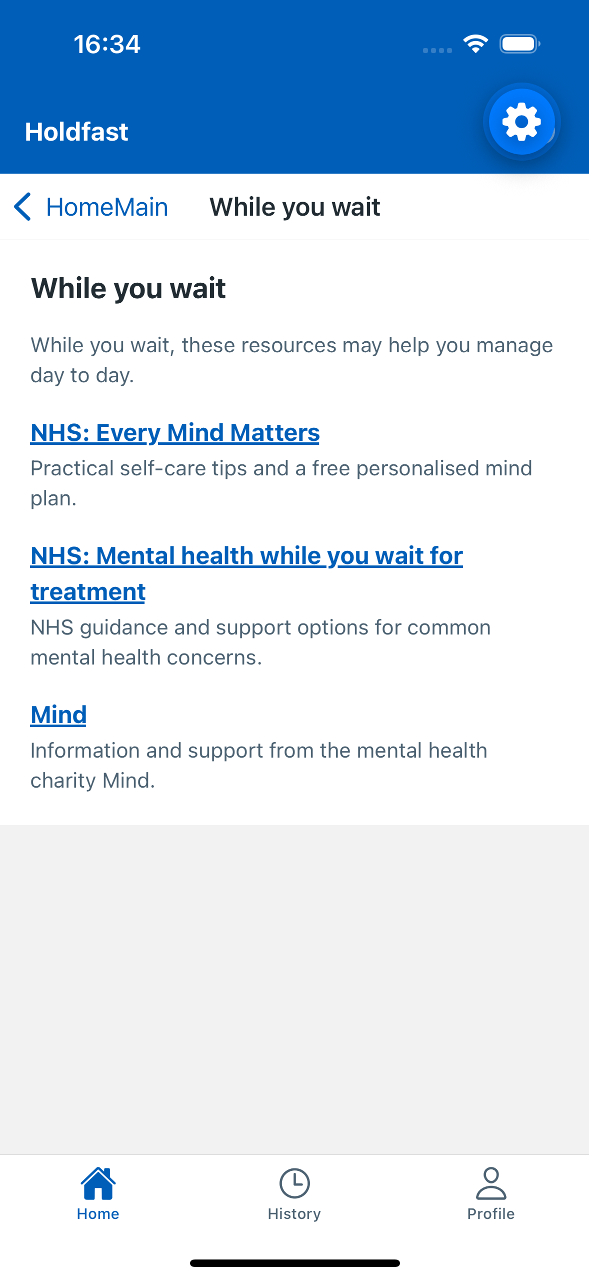 Holdfast patient home screen showing a Waiting Well panel with self-help resources chosen for the person's referral pathway